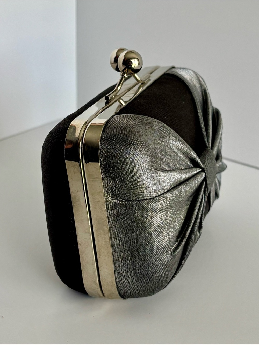 Bow Satin Clutch Silver Black Evening Bag Wedding Formal Purse - Picture 6 of 7